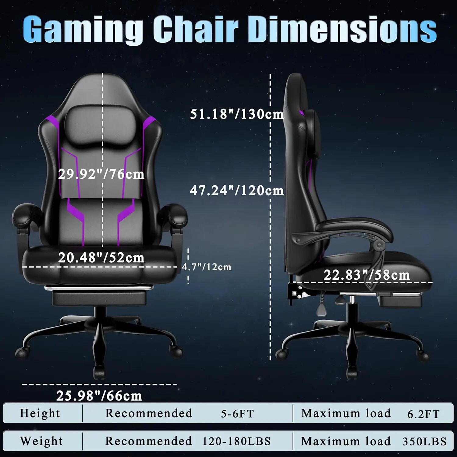 Ergonomic Gaming Chair with Pocket Spring Cushion and Footrest, Height Adjustable Swivel Computer Chair for Home Office, Purple view 3
