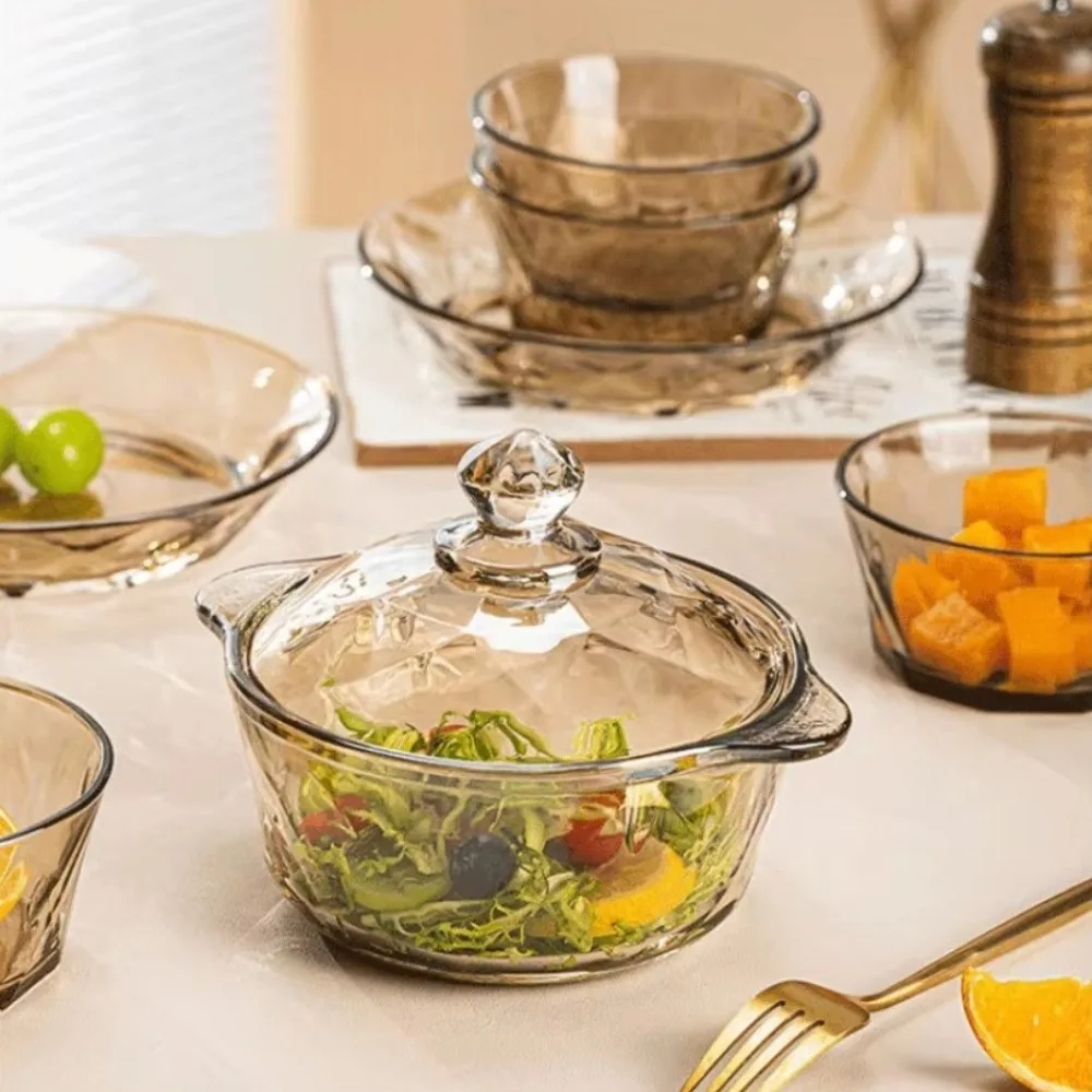 

850ML Crystal Glass Bowl Pot with Lid Kitchen Tableware Diamond Amber Clear Bowl Double Handle Fruit Salad Bowls No Cooking