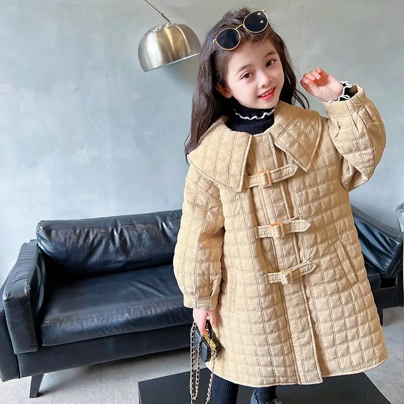 

Autumn and Winter Girls Trench Coat Korean Children's Princess Style Loose Solid Color Long Warm Cotton Jacket