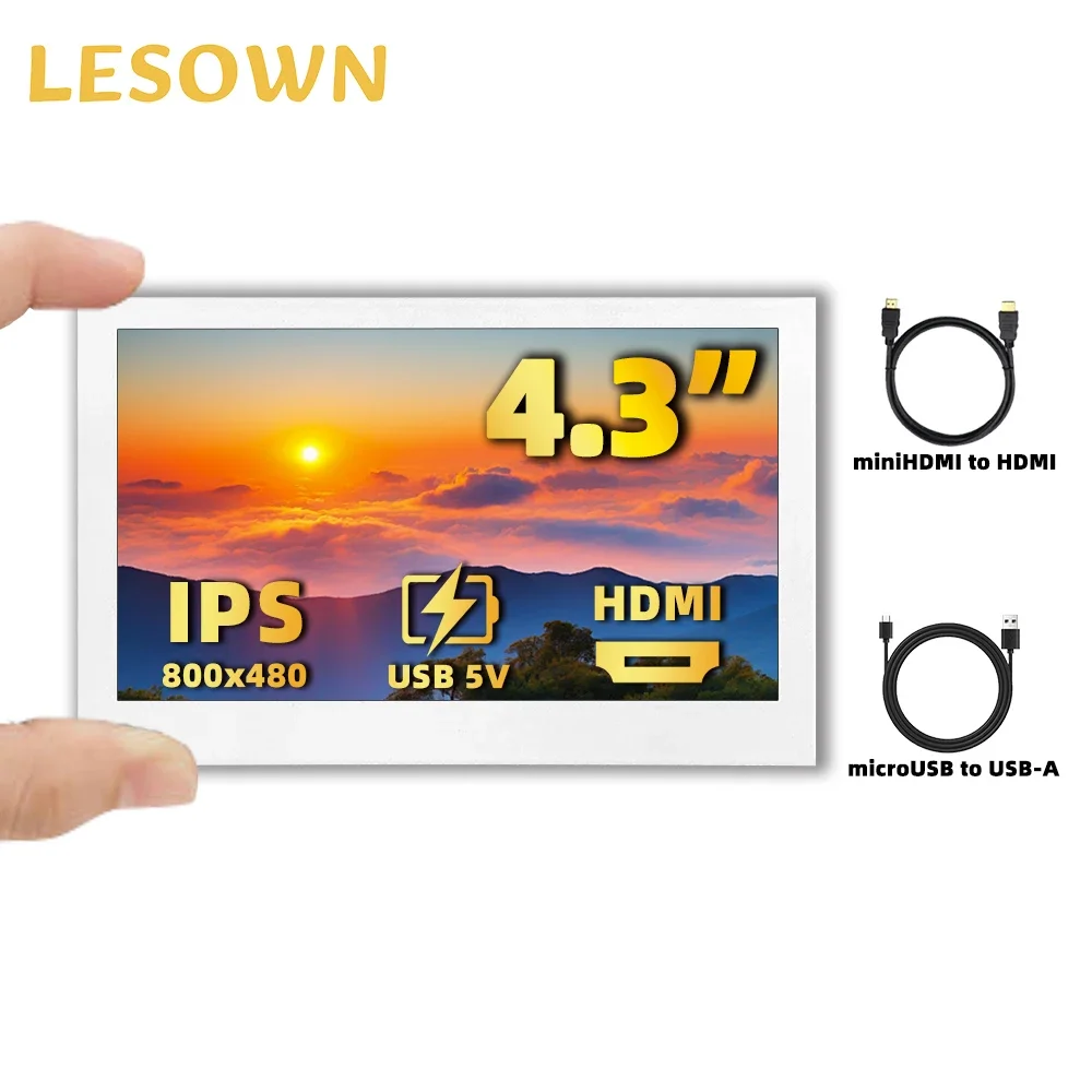 LESOWN mini Screen 4.3 inch 800x480 IPS Secondary Display HDMI PC Laptop Portable Small LCD Monitor Metal Casing Black White