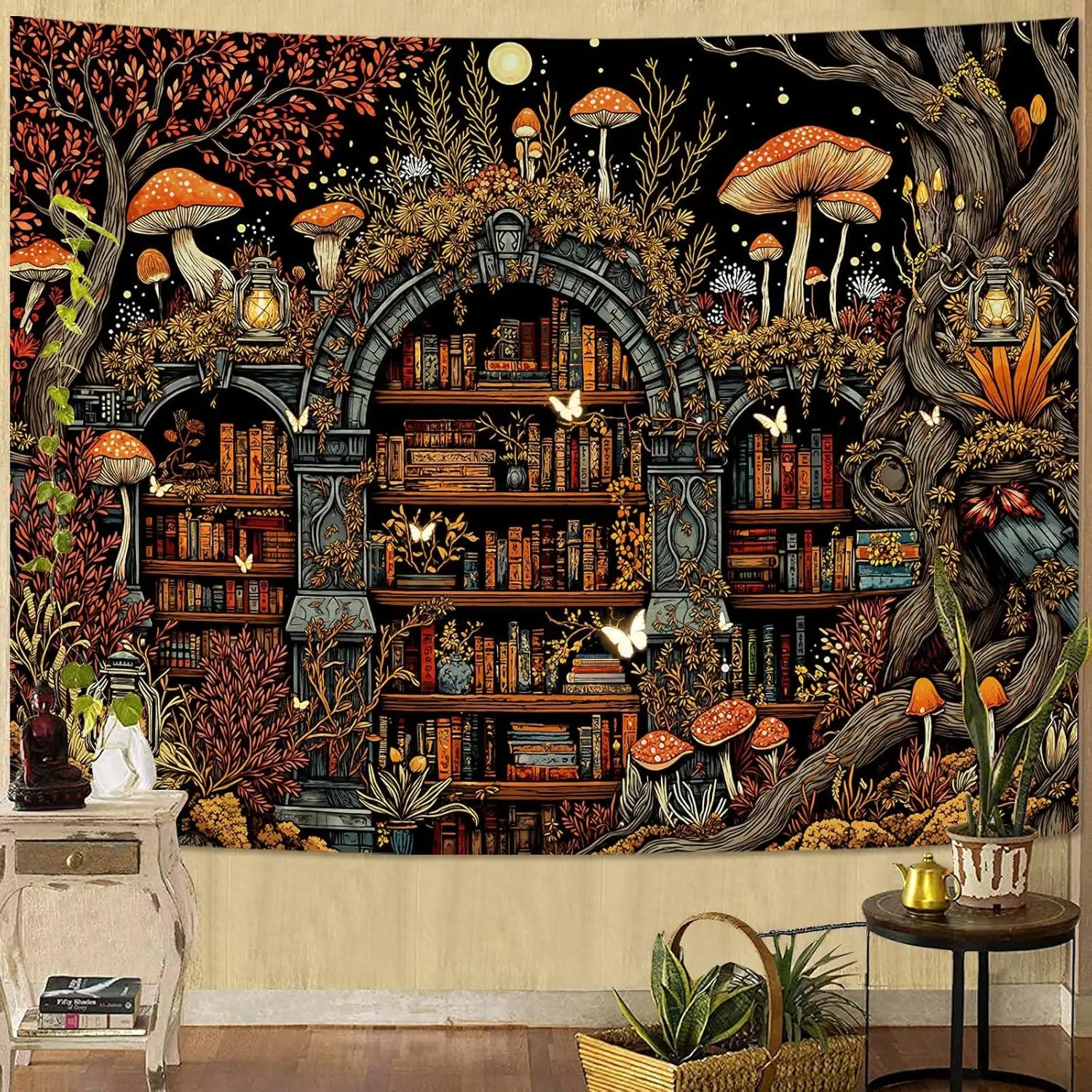Tapisseries murales Bibliothèque Forêt Enchantée, étagère à livres champignon, décoration murale magique Cottagecore, art populaire pour chambre à coucher et dortoir