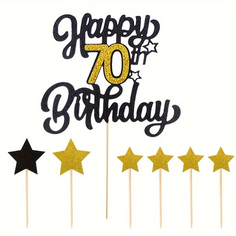 7pcs set Black Gold Glitter Adult Birthday Party Cake Topper 21 30 40 50 60 70 Years Old Birtday Cake Decoration Cake Supplies