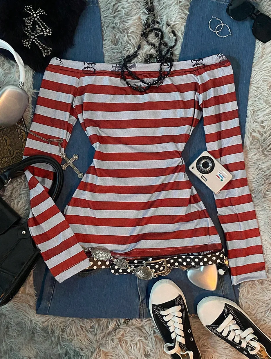 تي شيرت نسائي Y2K Sweet 2000S مطبوع عليه قلب الملاك الأحمر، مخطط بكتف واحد وأكمام طويلة، مناسب لموسم العودة إلى المدرسة، a g