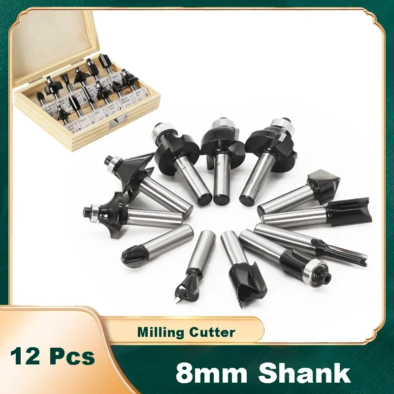 

12 шт. набор фрез для обрезки, прямая фреза, 8 мм хвостовик, биты для дерева, карбид вольфрама, резка, деревообработка, обрезка, резьба