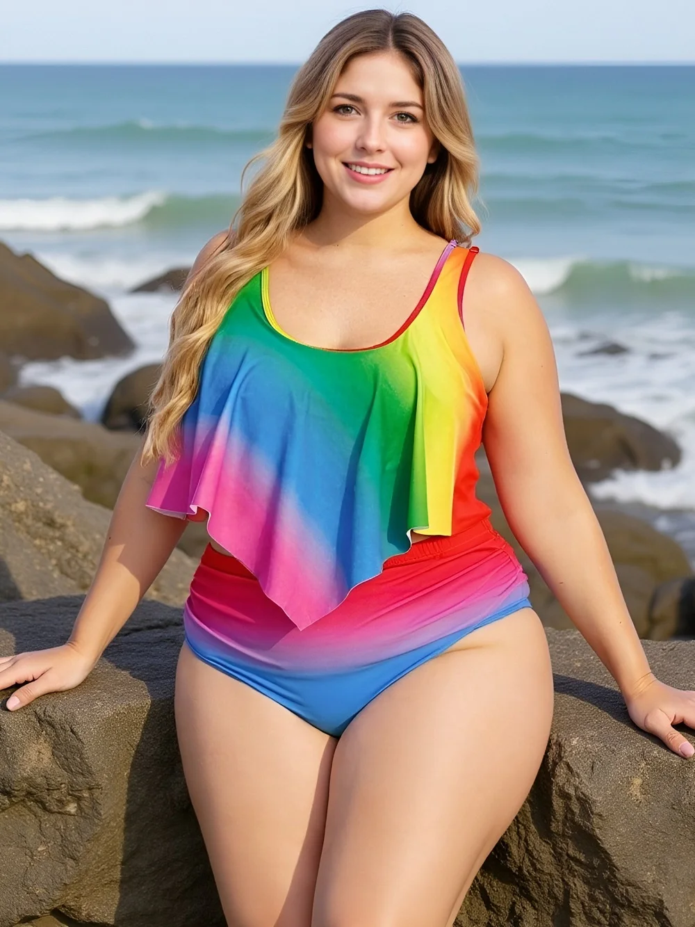 

Women's Plus Size Rainbow Ombre Swimsuit Two Piece Set High Waist Bikini Ruffled Ruffle Bottom Tankini Beach Swimwear