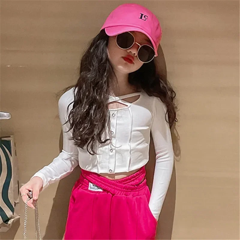 Spring Autumn Fashion Girls T Shirt Baby Tee Shirt Kids Crop Top Children Streetwear Cotton Cross Design Skinny Clothes 4-14 Yrs