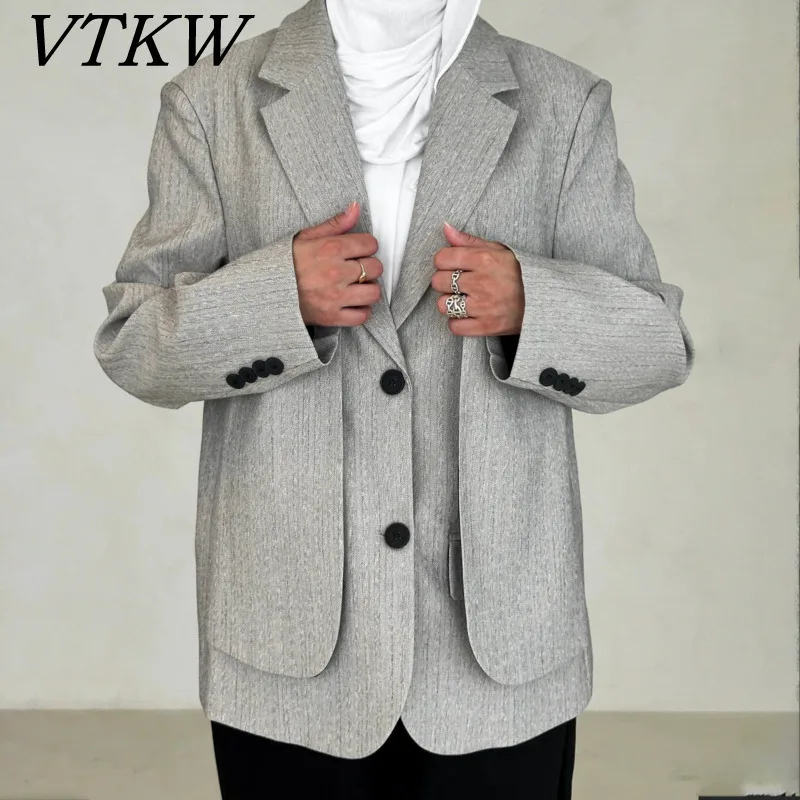 

VTKW женский весенний светло-серый блейзер в тонкую полоску 202, свободный двубортный черный двубортный пиджак с воротником с лацканами и длинными рукавами на пуговицах