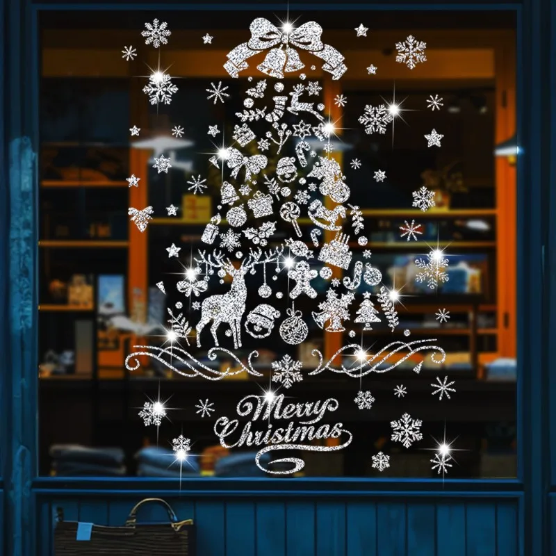 Beautiful Shimmering Powder Christmas Stickers Gold Silver Christmas Tree Removable Vinyl Sticker for Glass Window