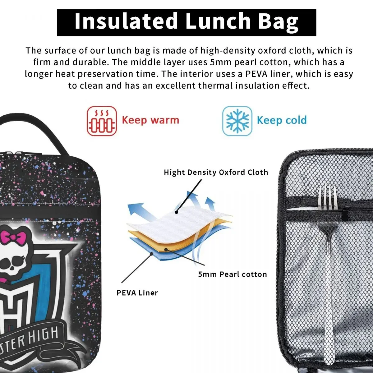 Monster High Lunch Bag 3D Pattern Leisure Lunch Box For Girls Office Convenient Cooler Bag Oxford Designer Thermal Tote Handbags