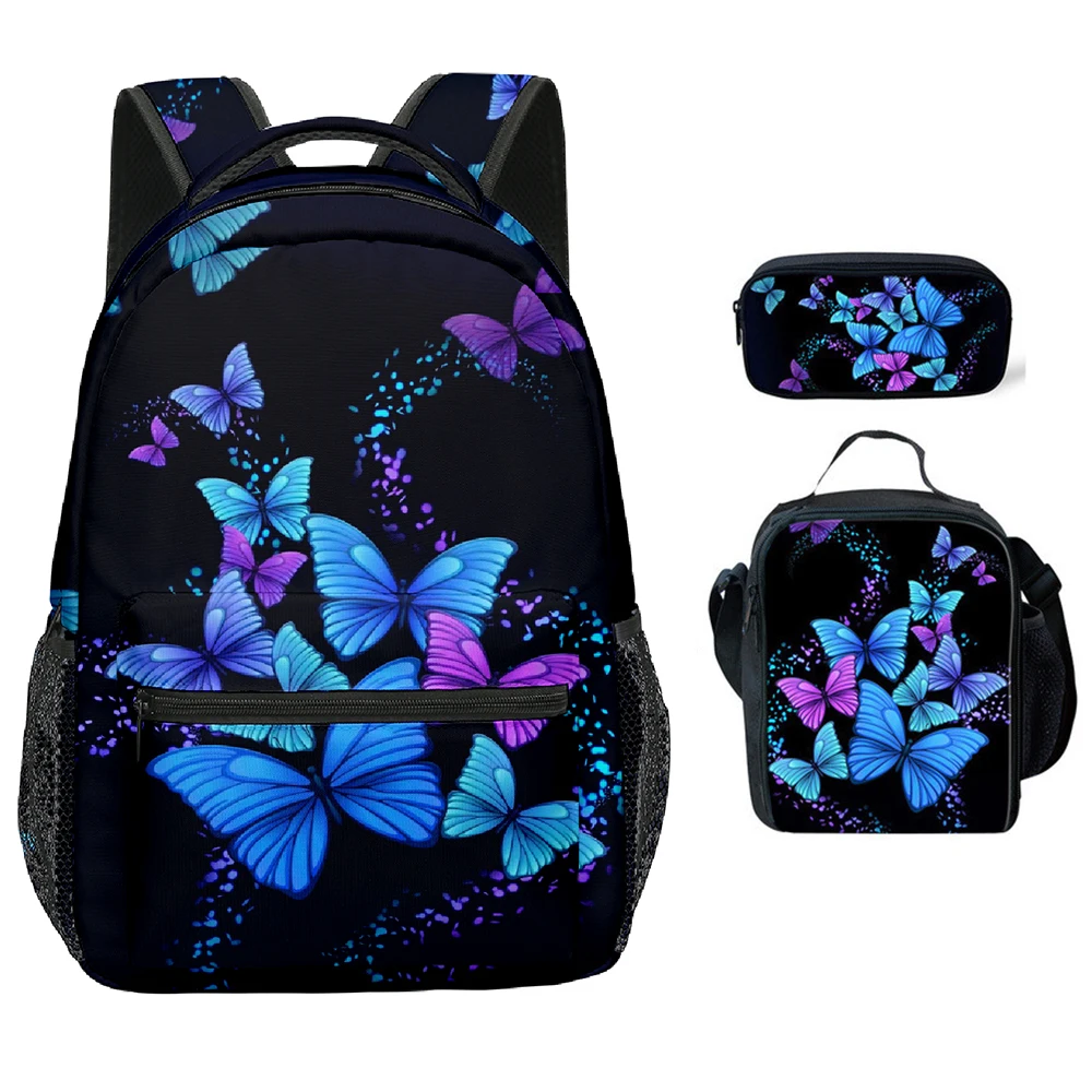 Trendy Youthful Beautiful butterfly 3D Print 3pcs/Set School Bags Laptop Daypack Backpack Crossbody Lunch bag Pencil Case