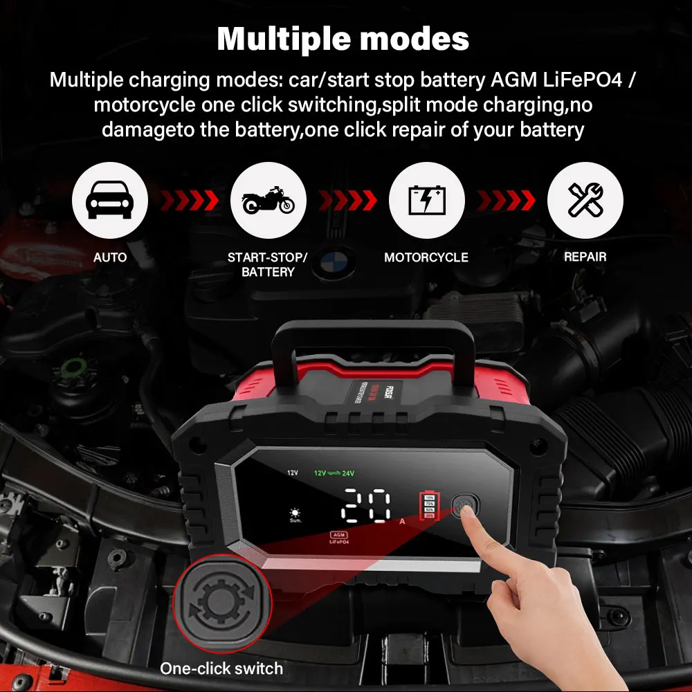 

Новое зарядное устройство 2026 года 20А/10А для автомобильных и мотоциклетных аккумуляторов 12В/24В: умное зарядное устройство для литиевых, AGM, GEL, свинцово-кислотных и LiFePO4 аккумуляторов