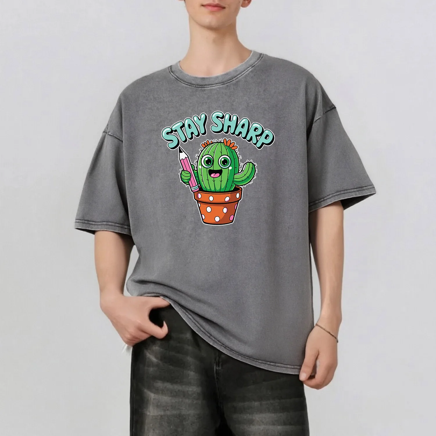 

Cactus Graphic Printing Men's Summer Retro Style Washed Water T-Shirt Casual Short Sleeved Basic Men's Top 230G