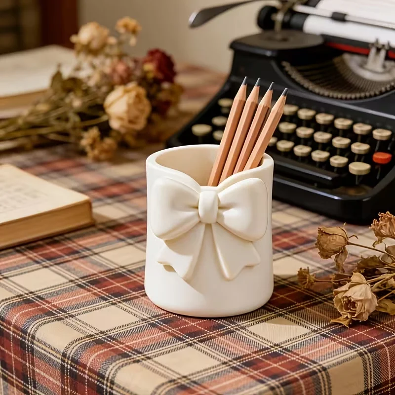 Bowknot Makeup Brush Storage Bucket Countertop 3D Pen Holder Lip Gloss & Eyebrow Pencil Stand Cosmetic Organizer Box
