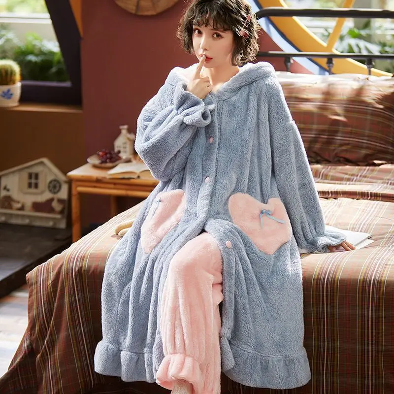 

Winter Flannel Pajamas Set For Women Animal Thick Warm Sleepwear Hooded Nightgown With Pants Loose Pyjamas Suit Homewear Clothes
