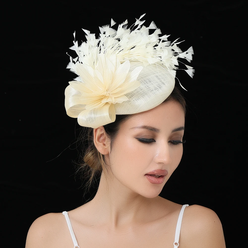 

Высококачественный женский головной убор Sinamay и шелковый льняной свадебный цветок с перьями для коктейльных гонок, аксессуары для волос
