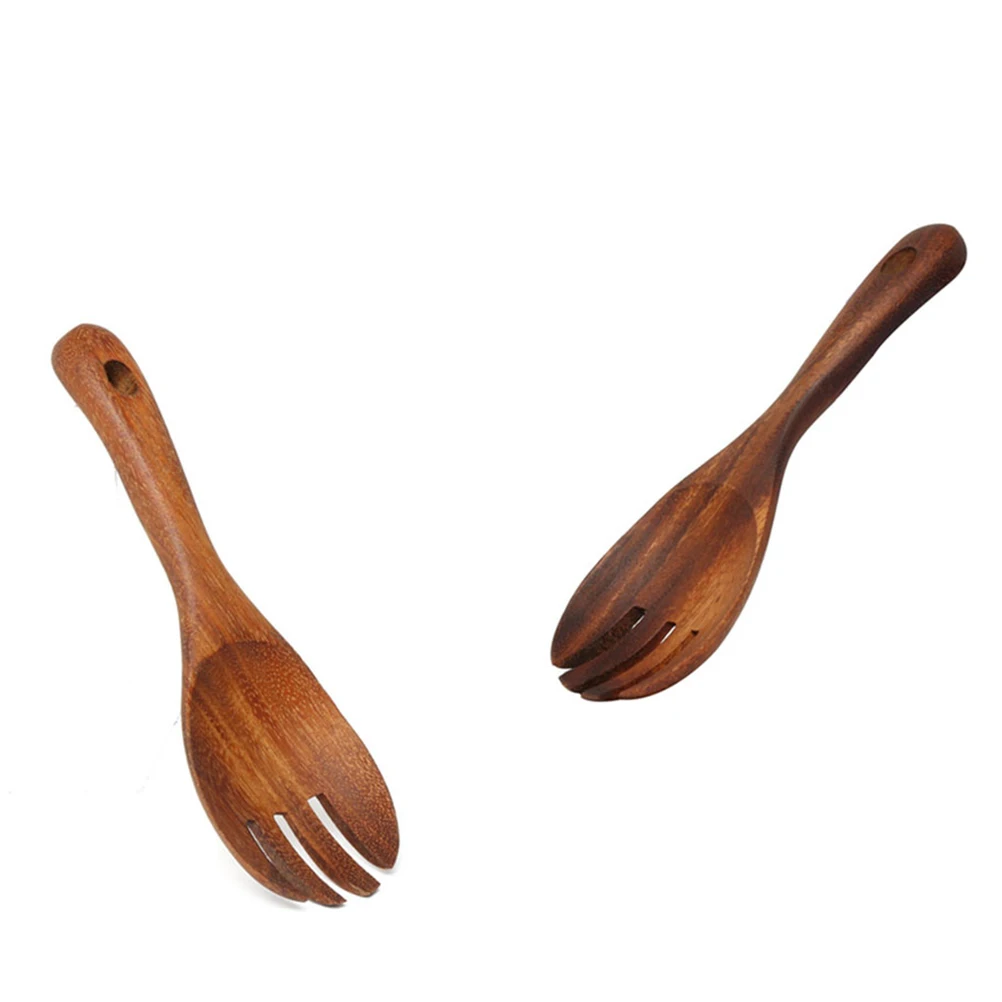 

2PCS Kitchen Natural Wooden Spoon Set Salad Dinner Serving Spoons Server Wood Fork Spoon Cutlery Set Cooking Tools