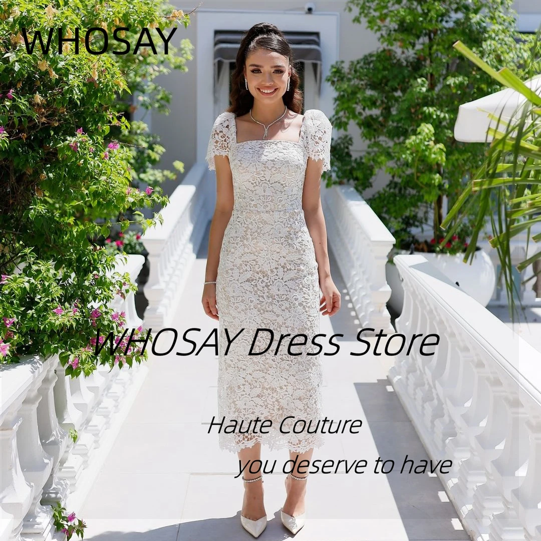 

WHOSAY Vestidos De Fiesta Square Neck Short Sleeves Prom Dresses Tea Length Lace Bride Wear Dress for Weddings Customized