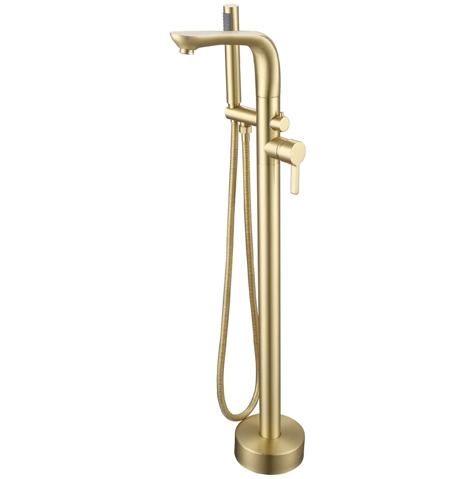 Brushed Gold Freestanding Bath Shower Mixer Floor Mounted Tub Shower Mixer Brass Bathtub Shower Faucet Set