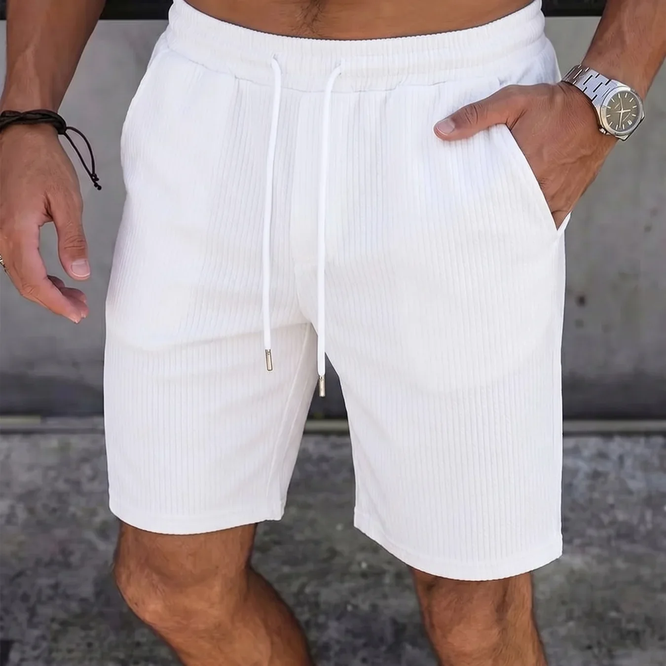 Men's Shorts Casual High Elastic Waist Drawstring Lace Up Striped Pit Wide Leg Beachwear Shorts LXDZ-KJ-D08