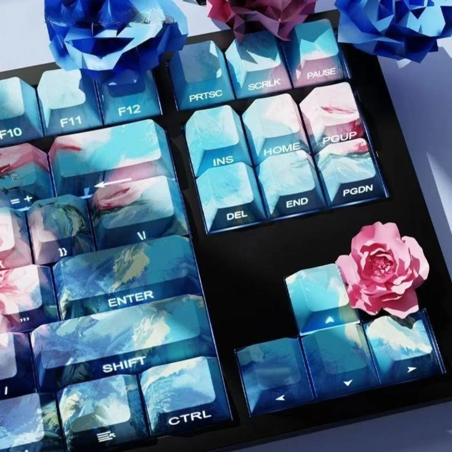 Rose Oil Painting Style Cherry Keycap PBT Side Engraved Translucent Characters