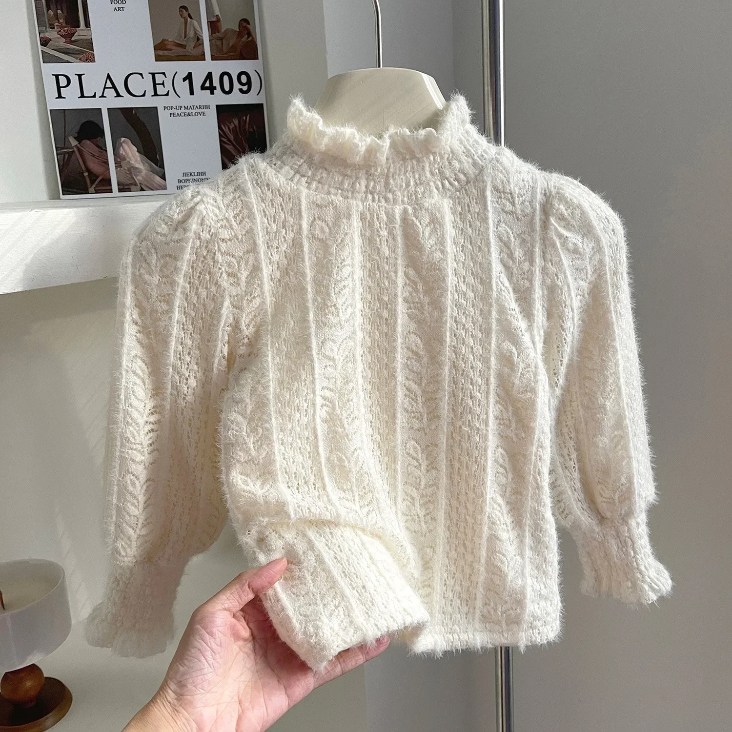 Blouses Turtleneck Long Sleeve 2024 Children Clothing Girls Lace Underlay Shirt Children Winter Wear Plush Thickened Top