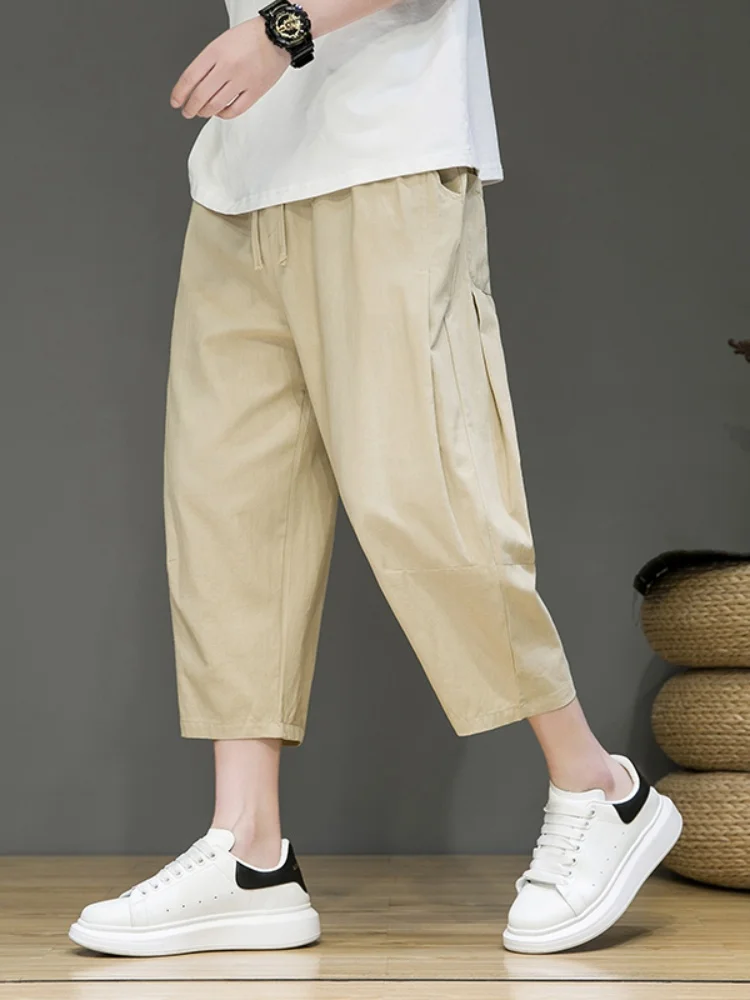 

Мужские летние тонкие брюки из хлопка и льна, свободного кроя, повседневные, дышащие, удобные, со средней посадкой, прямые штанины, базовые цвета