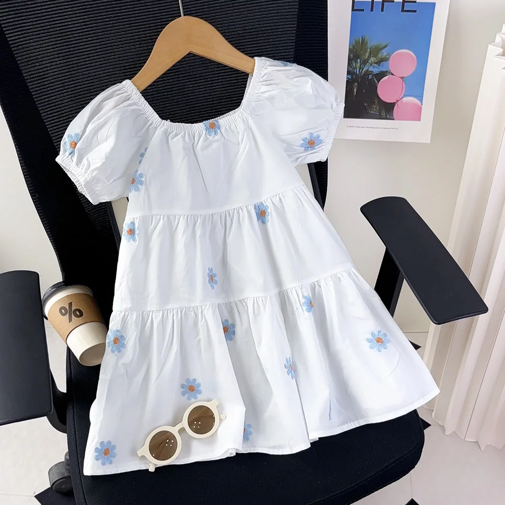 الفتيات الصيف موضة نفخة الأكمام لطيف بلون ألف خط فستان الأميرة 1 قطعة 3-7 سنوات الأطفال الحلو ملابس كاجوال