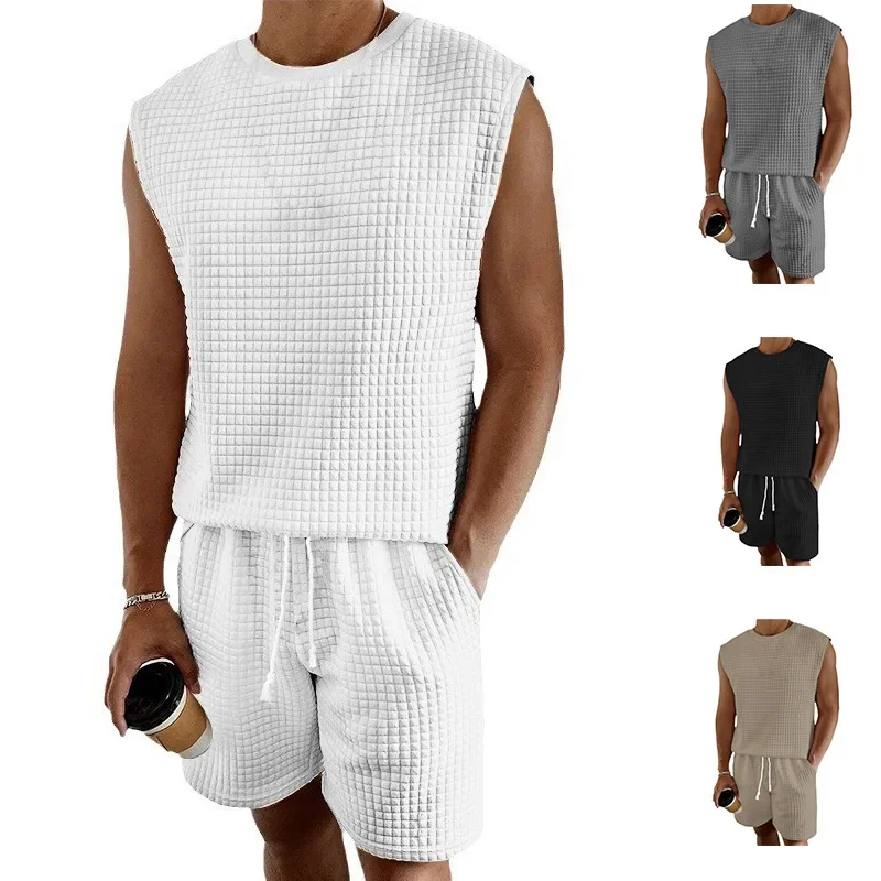 Men's Summer Popular Skin Friendly Sleeveless Vest Sports and Leisure Set, Men's Breathable Quick Drying Solid Color Set