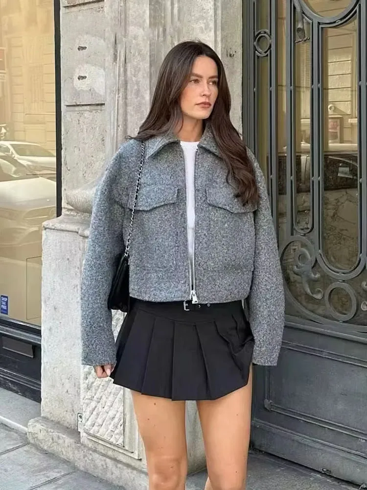 HH 2023 Autumn Long-sleeved Pocket Zipper Polo Collar Coat Women's Short Top Gray Women's Bouclé Short Jacket Coat Y2k