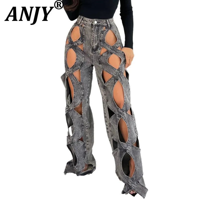 

ANJY Autumn New Women Elastic Personality Tide Fried Dough Twists Hollow Out Straight Jeans Streetwear Trendy Denim Pants A11376