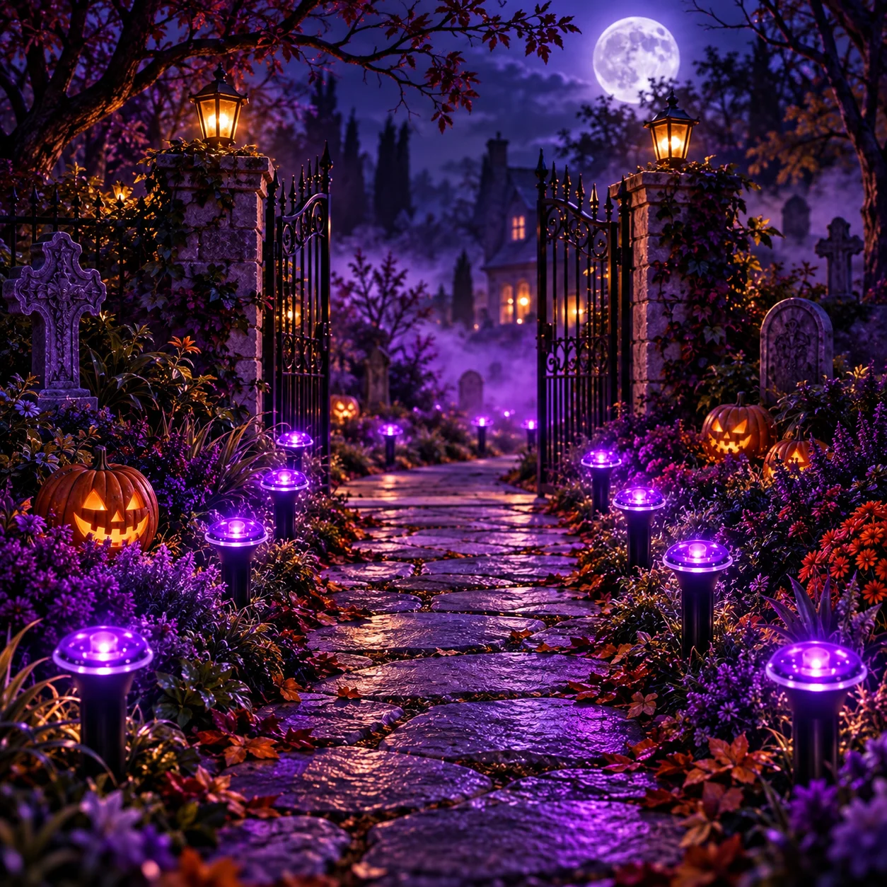 40/30/20/10 LED Halloween Solar-Gartenleuchten, Außen-Wegleuchten, lila Rasenleuchten für Gehwege, Hof, Terrasse, gruselige Party-Dekoration – Detail 3