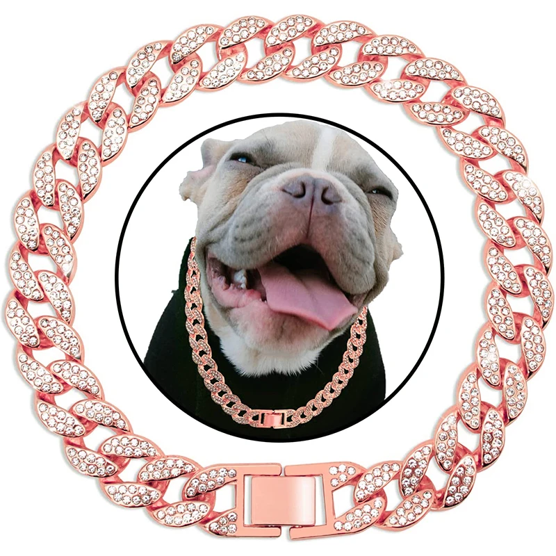 Pink Diamond Cuban Collar 15MM Pet Cuban Collar Jewelry Accessories for Dogs Cats Gold Dog Chain Walking Metal Chain Collar