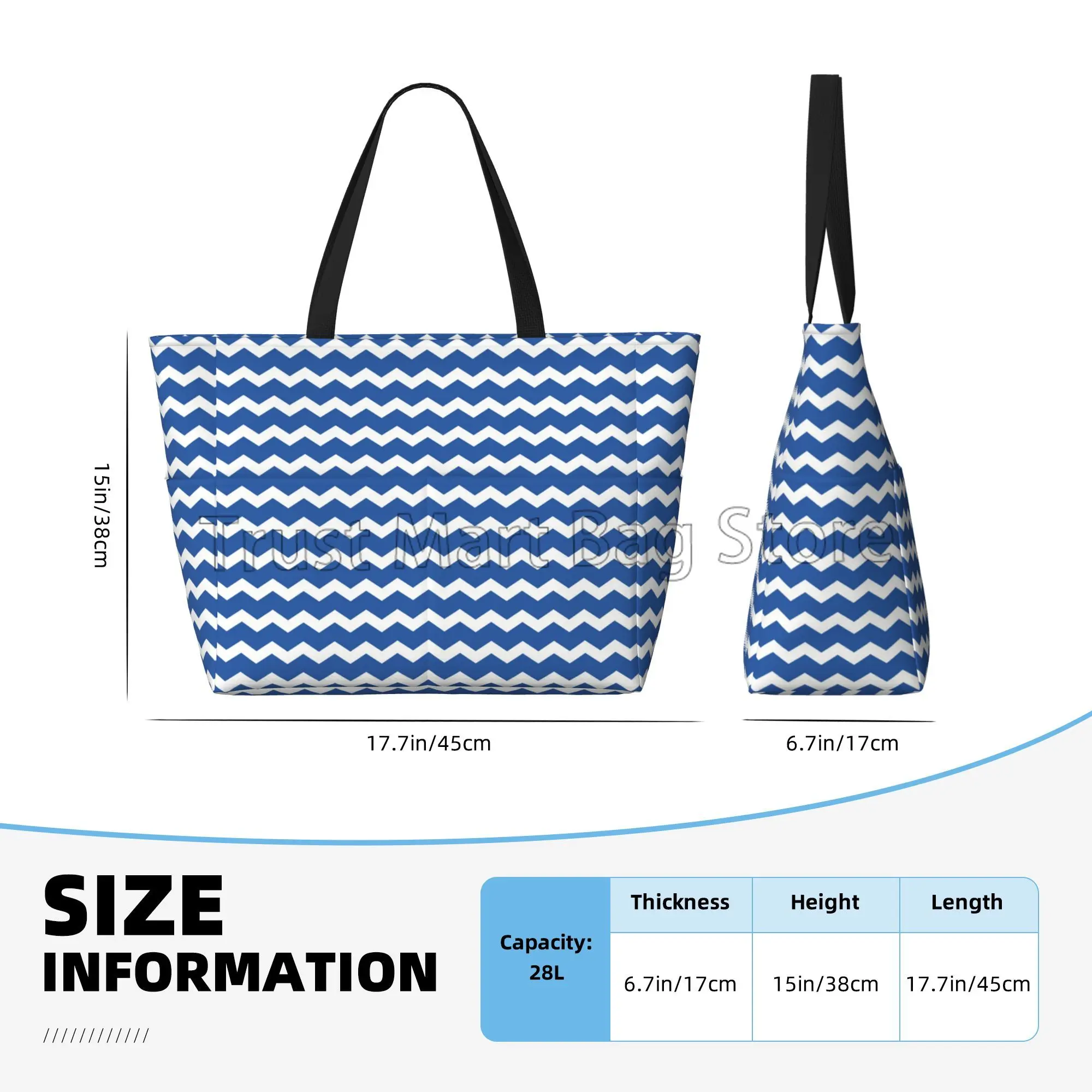 Blue Stripes Large Waterproof Beach Bag for Women Sandproof Tote Bag Pool Bag with Zipper and Pockets for Travel Vacation Gym