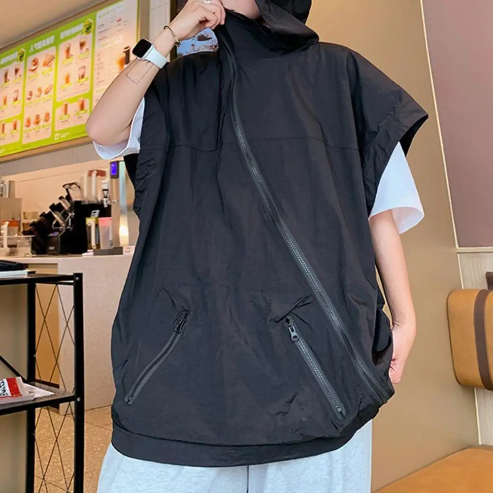 

Men Hooded Vest Hop Style Men's Vest with Diagonal Zipper Large Chest Pocket for Sun Protection Loose Fit Diagonal Zipper Vest