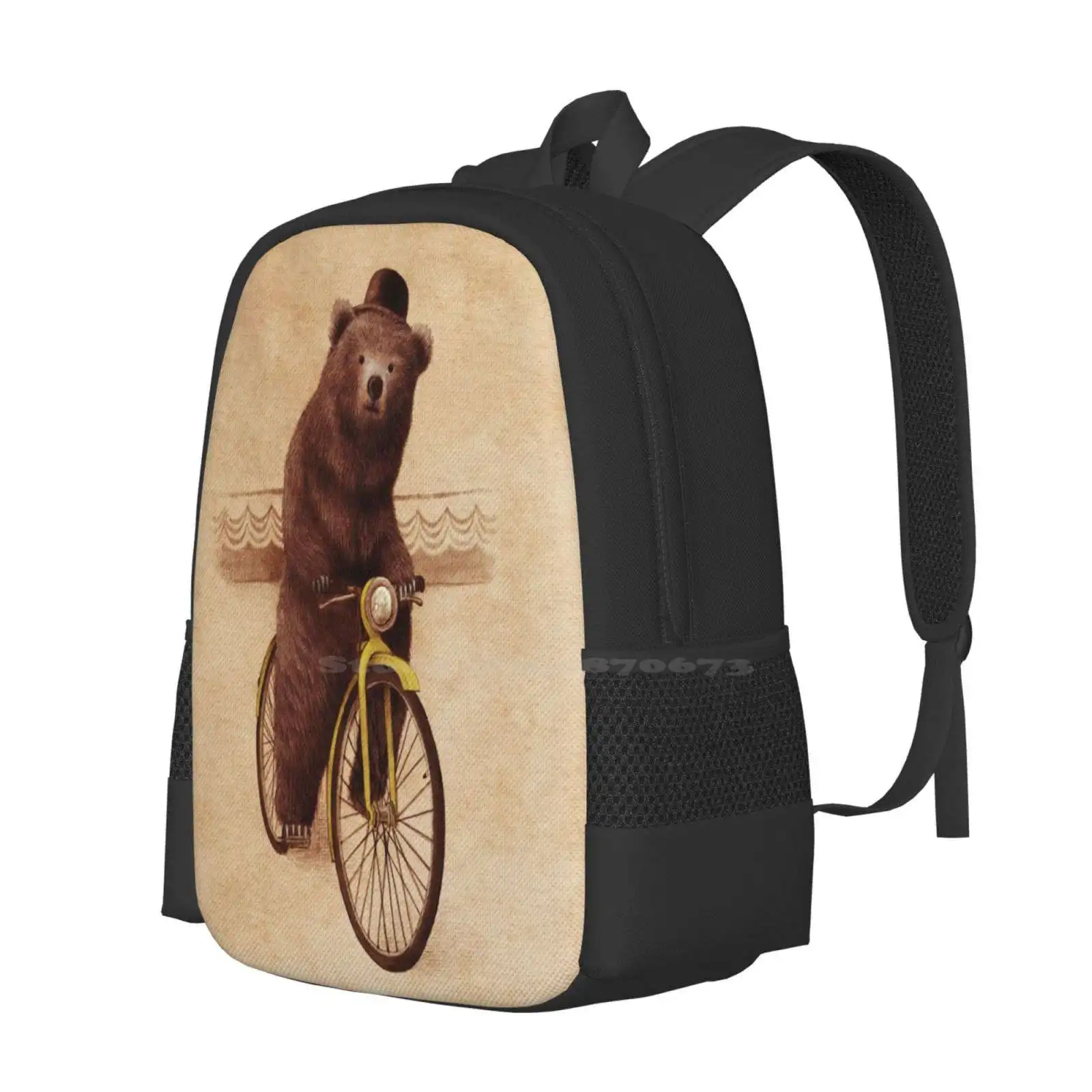 Barnabus Pattern Design Bagpack School Bags Bike Circus Cycling Cute Funny Vintage Animals Hat Whimsical Sepia Bicycle Bowler