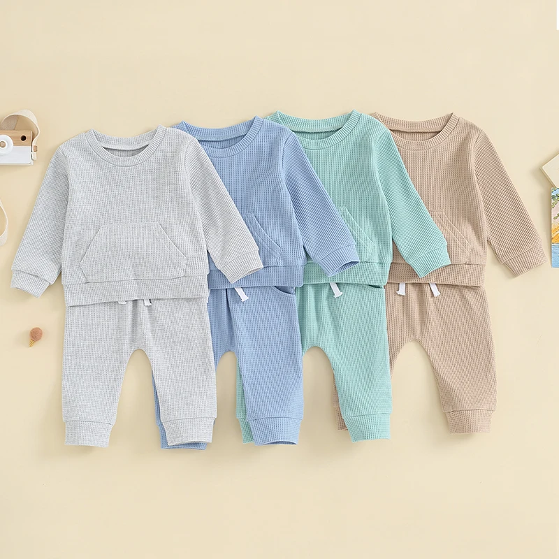 

SUNSIOM 0-3y Baby Fall Clothes Set Long Sleeve Crew Neck Sweatshirt with Elastic Waist Sweatpants Waffle 2pcs for Girls Boys