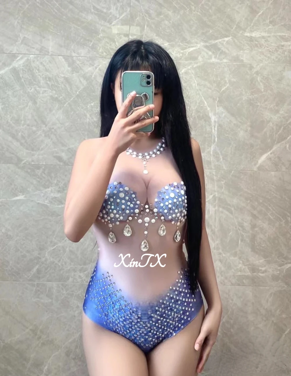 NEW! Handmade Sexy Free Diving Rhinestone Bodysuit Costume Hand Sewing Mermaid One Piece Swimsuit For Adult Women Mermaid Dress