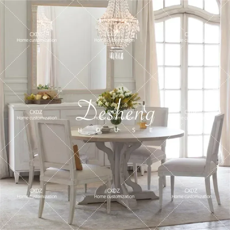 Round Dining Table Set Solid Wood Carved Floral Design Retro Style Multi Person Table and Chairs for Home Kitchen