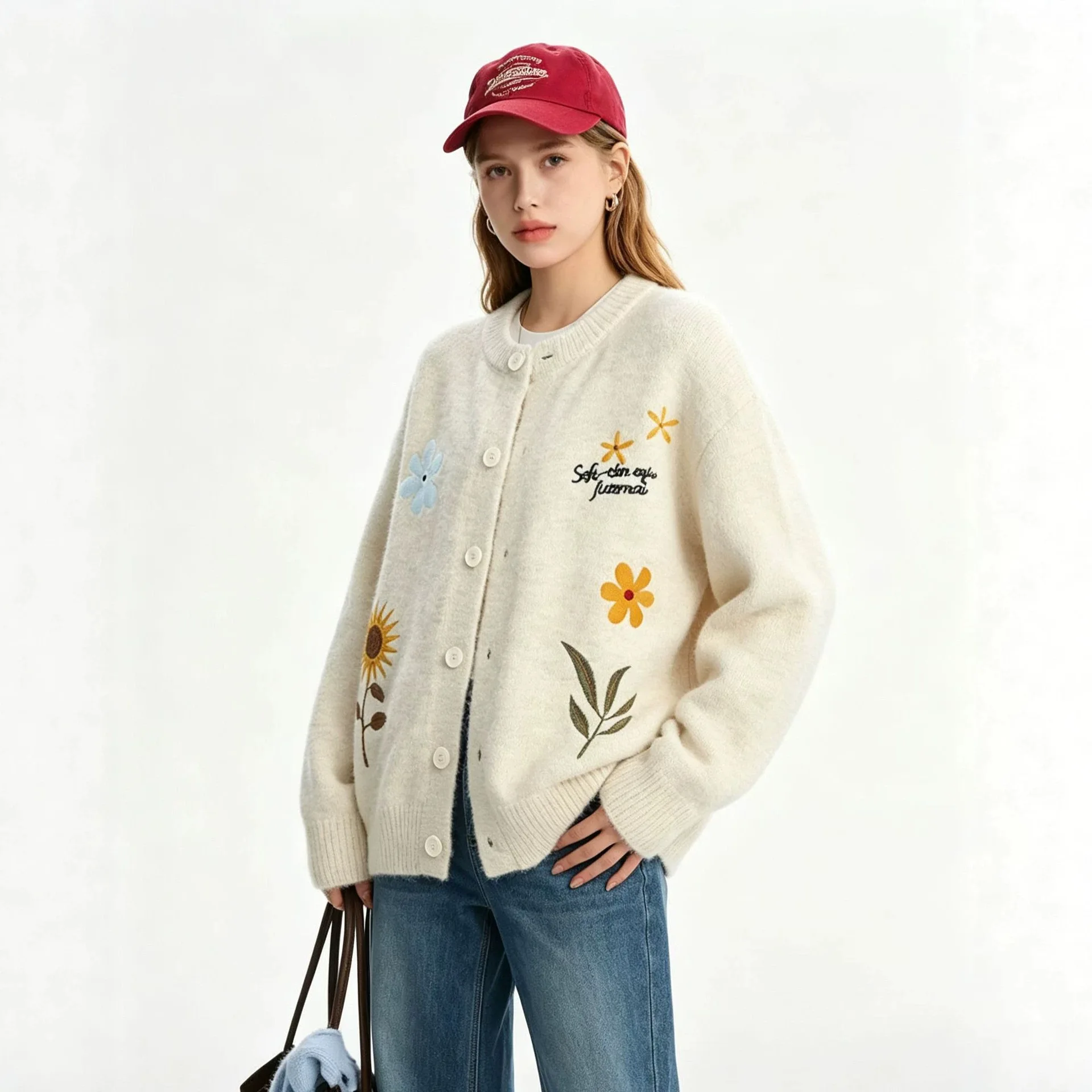 Cardigans en tricot européens et américains pour femmes, automne et hiver, nouveau style, pull ample brodé de fleurs, veste