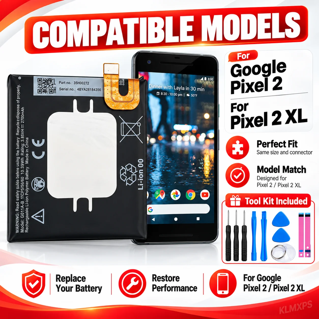 Replacement Battery G011A-B 2700mAh for Google Pixel 2 / Pixel 2 XL Rechargeable Li Polymer Battery with Tools Set