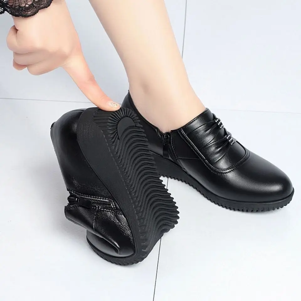 Mom black artificial leather flats platform spring black womens shoes cozy loafers female ballet shoes