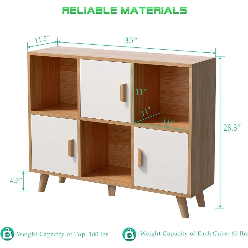 Cubby Shelf Bookcase with Doors - Wooden 6 Cube Floor Standing Open Bookshelf with Solid Wood Legs, 2-Tier Low Storage