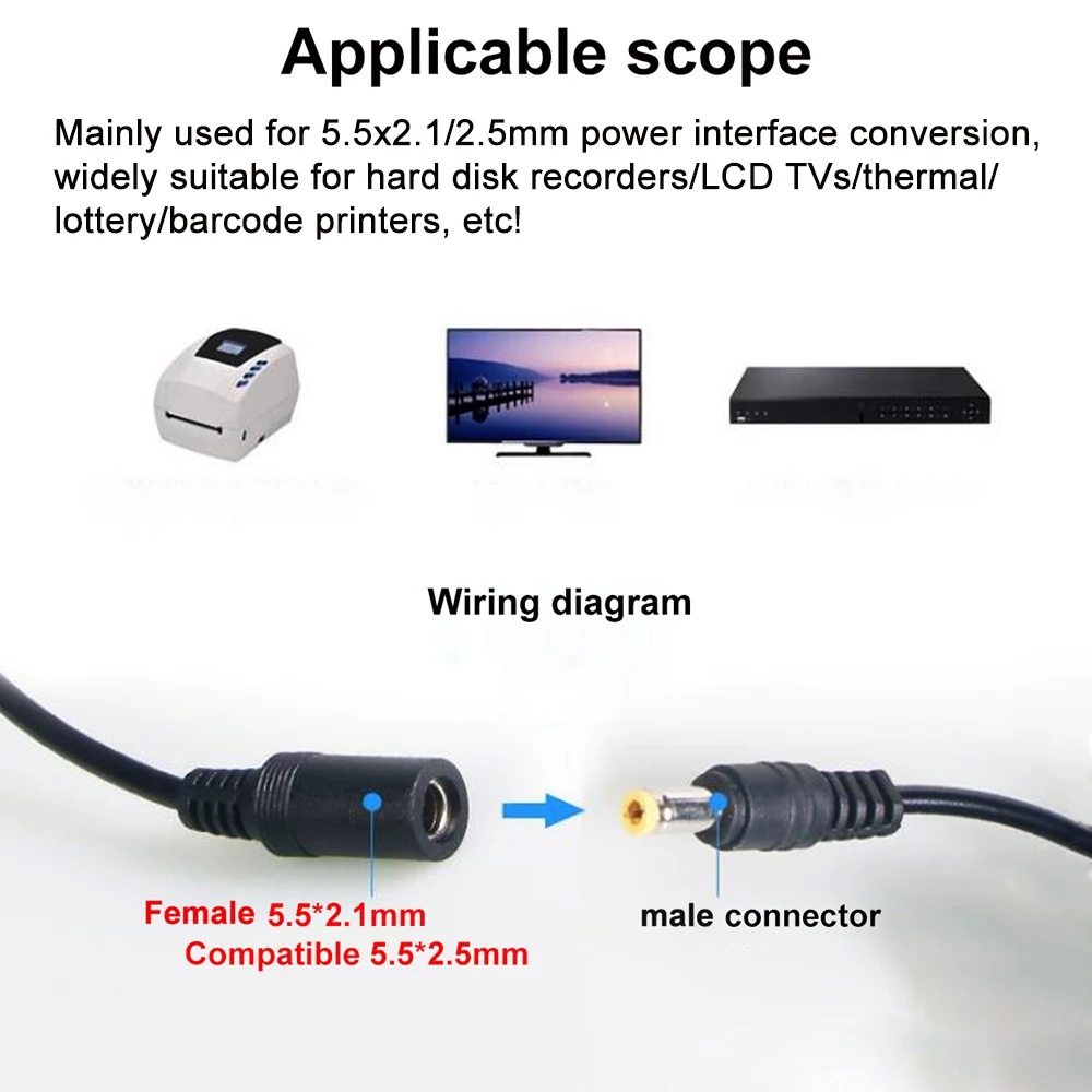 Kabel Konektor Adaptor Catu Daya DC 5.5X2.1Mm Betina Ke Jantan 3-Pin untuk TV LCD VCR Kabel Listrik Hitam