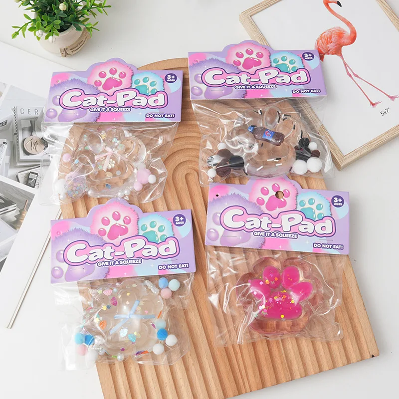 Cute Glitter Transparent Bow Cat Paw Slow Rebound Squeeze Toys Cartoon Soft Squishy Cat Claw Sticky Pinch Sensory Toy Kids Gifts