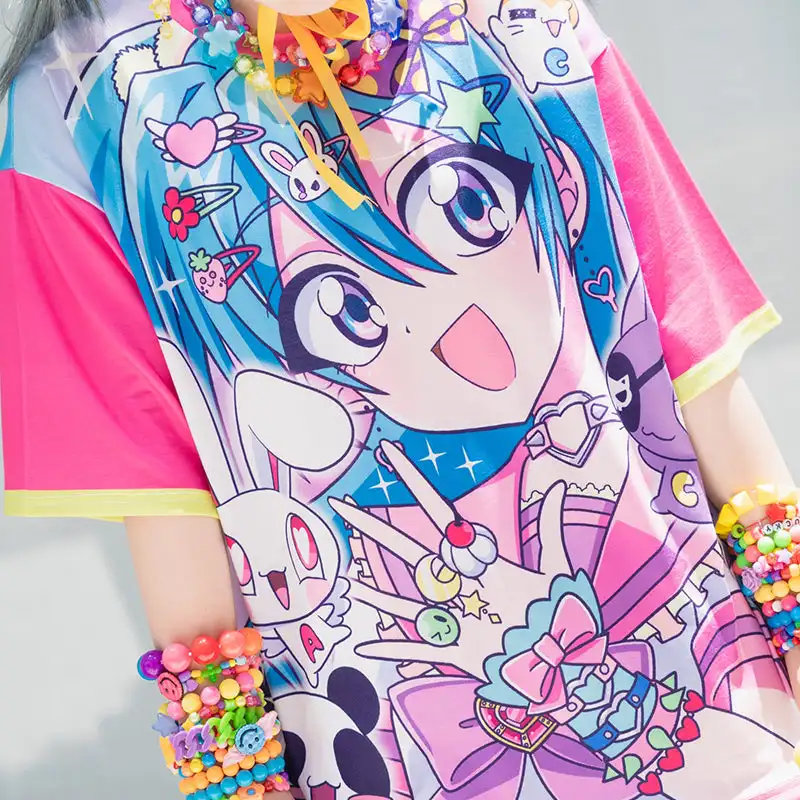 Harajuku Decorative Flag T-shirt with Colorful Anime Girl Panda Rabbit Cat Full Print Y2K Japanese Street Dress Adult Children