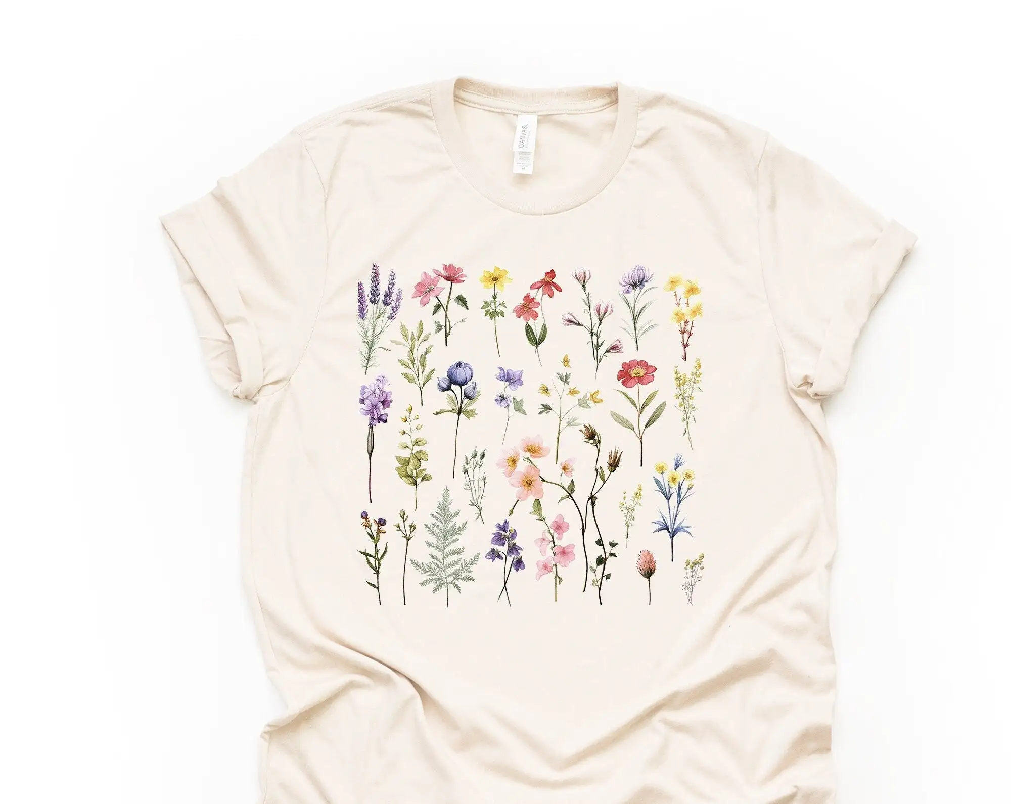 

Футболка с дикими цветами, симпатичный коллаж с дикими цветами, акварельные дикие цветы, дизайн на премиум Белле + холщовая рубашка унисекс, большие размеры,