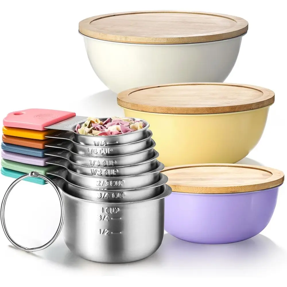 

Magnetic Measuring Cups Set Includes 7 Stainless Steel Magnetic Measuring Cups and 3 Mixing Bowls with Wooden Lids Kitchen Measu