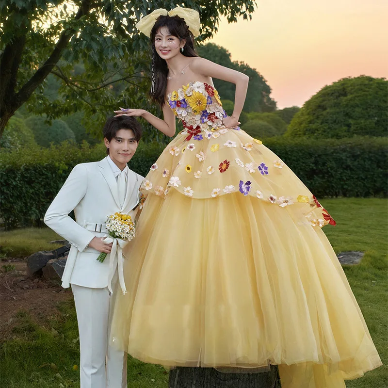 Yellow Ball Gown Women Wedding Dresses 3D Flowers Tulle Bridal Gowns Formal Vestido De Noiva robe de mariée