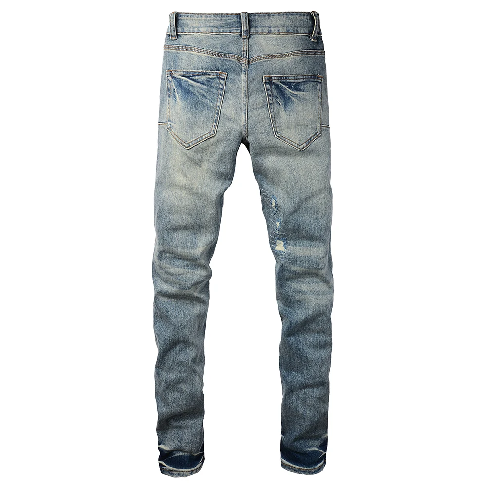 Men Ripped Distressed Jeans Streetwear Skinny Tapered Stretch Denim Pants Holes Patchwork Trousers