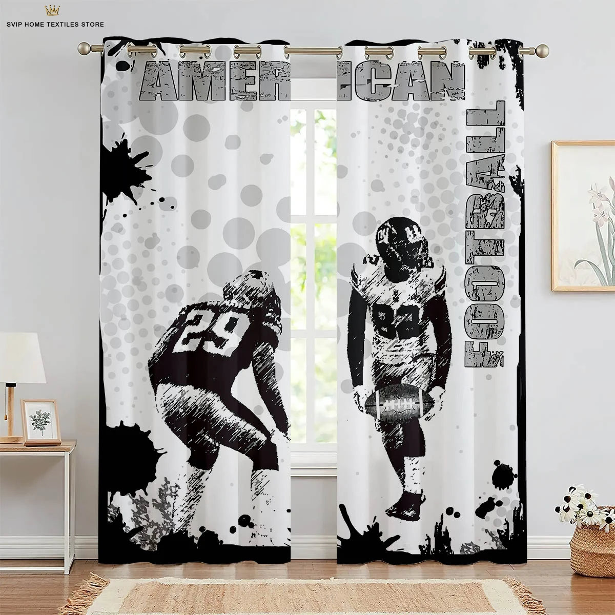 

2pcs Rugby Sports Field 3D Printed Curtain Rod Pocket Bedroom Living Room Kitchen Window Decorative Curtain